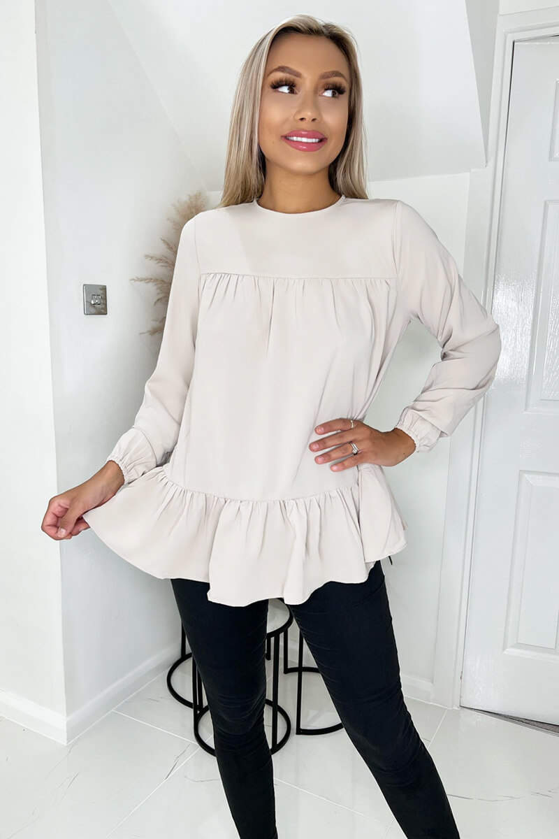 Stone Long Sleeve Round Neck Smock Top