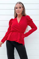 Red Belted Wrap Long Sleeve Top