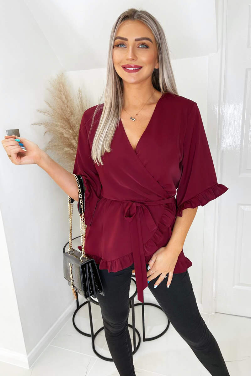 Wine Frill Hem Wrap Top