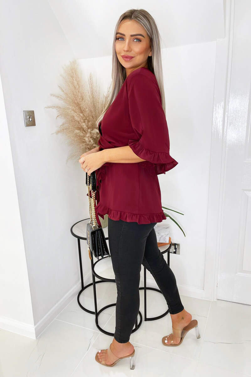 Wine Frill Hem Wrap Top