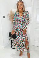 Multi Colour Printed Wrap Top Midi Dress