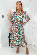 Multi Colour Printed Wrap Top Midi Dress