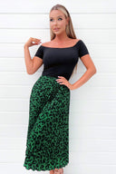 Black And Green Animal Print 2 In 1 Pleated Midi Dress