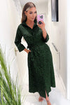 Green Animal Print Belted Midi Shirt Dress