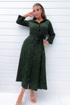 Green Animal Print Belted Midi Shirt Dress