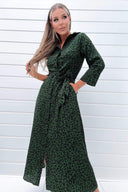 Green Animal Print Belted Midi Shirt Dress