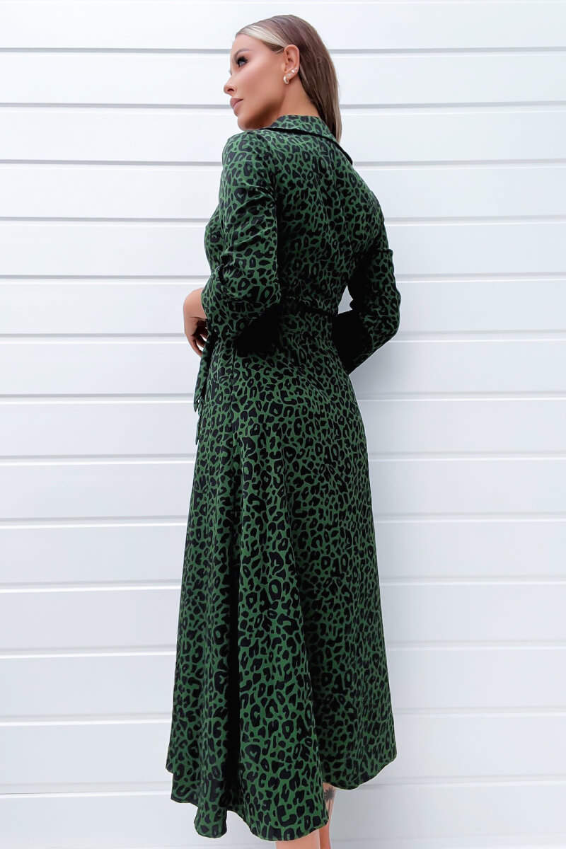 Green Animal Print Belted Midi Shirt Dress