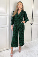 Green Leopard Print Wrap Top Culotte Jumpsuit