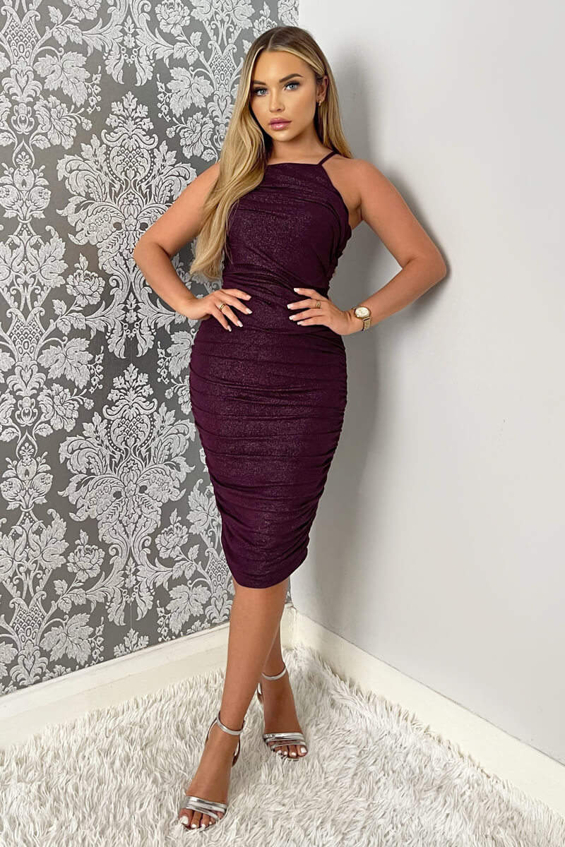 Plum Ruched Bodycon Shimmer Midi Dress – AX Paris US
