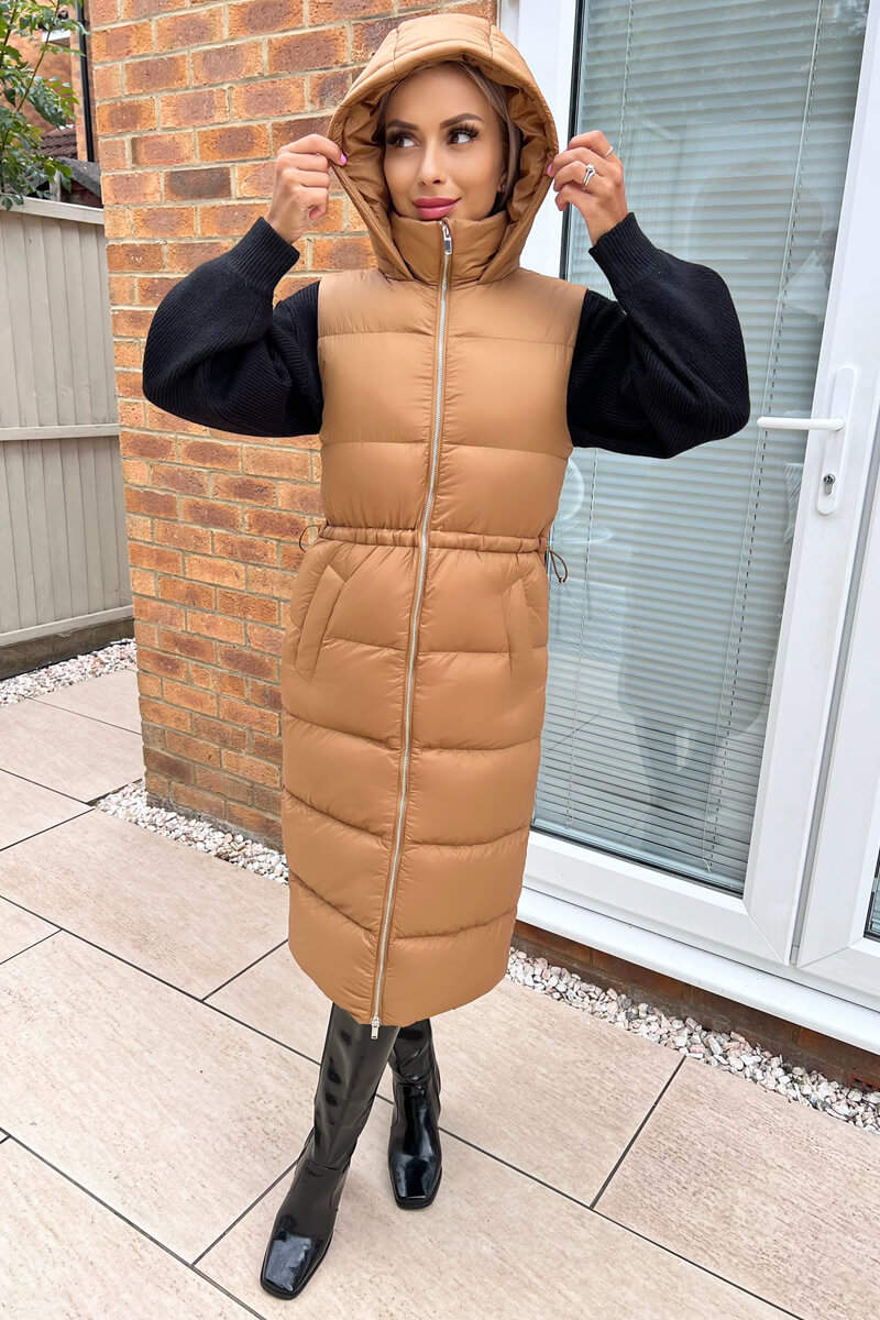 Camel Drawstring Waist Puffer Gilet