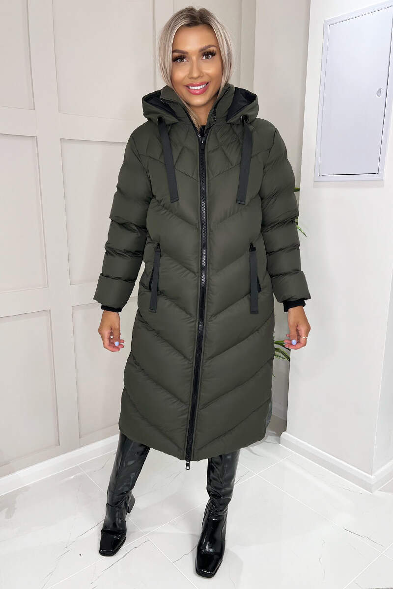 Khaki Hooded Puffer Coat with Zip Front Pockets