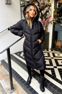 Black Hooded Puffer Coat with Zip Front Pockets