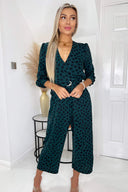 Green And Black Heart Printed Belted 3/4 Sleeve Jumpsuit