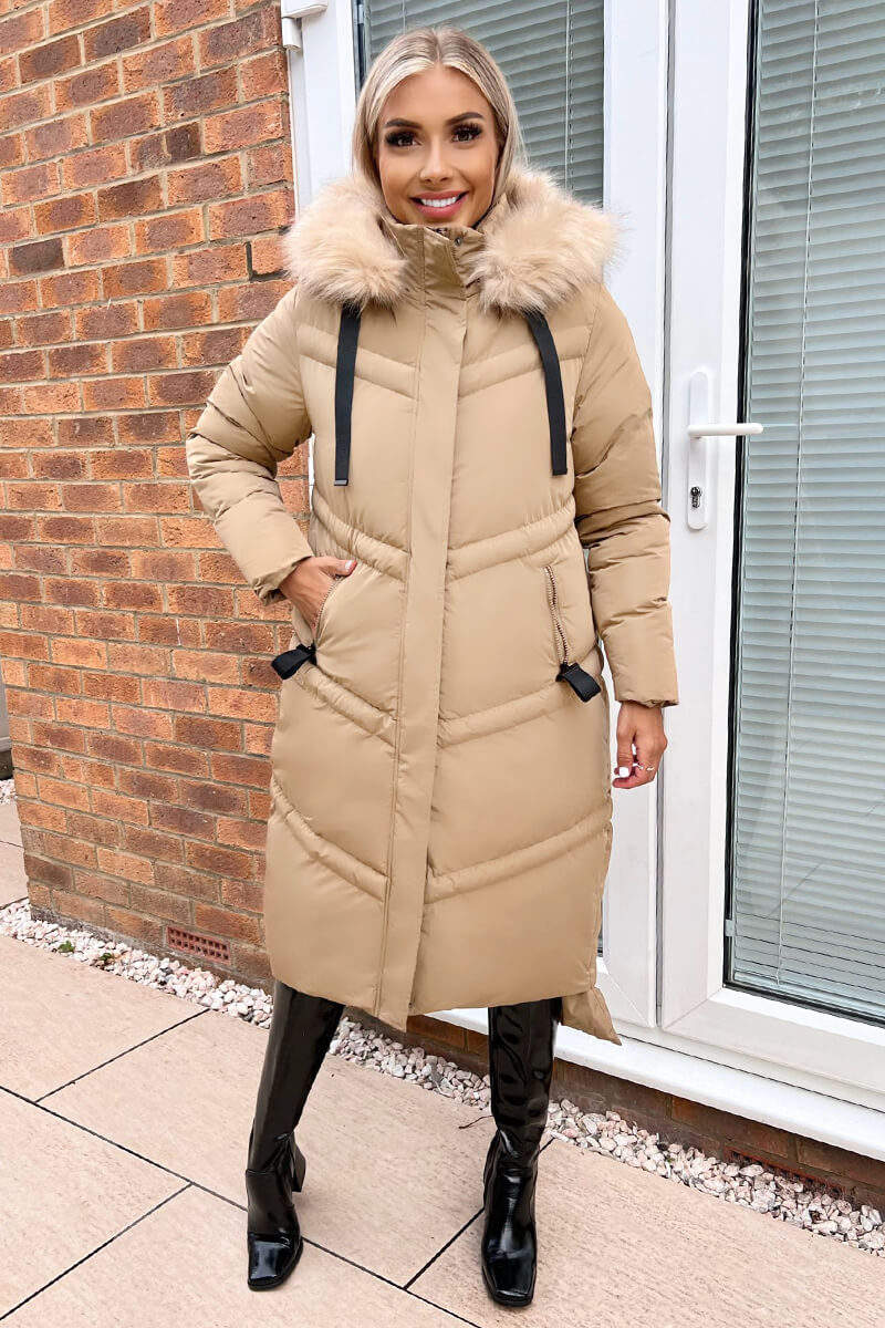 Biscuit Faux Fur Trim Hooded Puffer Coat