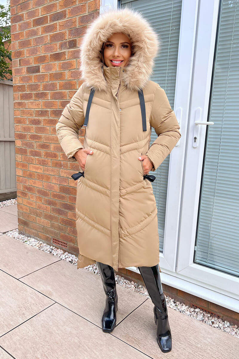 Biscuit Faux Fur Trim Hooded Puffer Coat