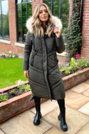 Khaki Faux Fur Trim Hooded Puffer Coat