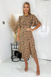 Camel And Black Printed Butterfly Sleeve Midi Dress With Split