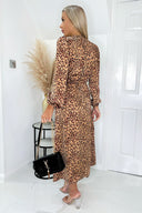 Camel Black And Red Animal Print Long Sleeve V Neck Ruched Slit Midi Dress