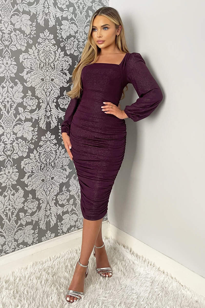 Plum Square Neck Long Sleeve Ruched Shimmer Midi Dress AX Paris US Plum Square Neck Long Sleeve Ruched Shimmer Midi Dress AX Paris US