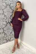 Plum Square Neck Long Sleeve Ruched Shimmer Midi Dress