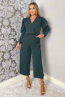 Teal Wrap Top Long Sleeve Culotte Jumpsuit