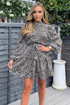 Black And White Printed High Neck Button Front Mini Dress