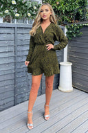 Khaki Animal Print Long Sleeve Mini Skater Dress