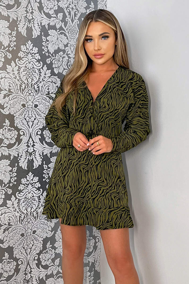 Khaki Animal Print Long Sleeve Mini Skater Dress  AX Paris US