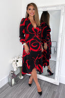 Black and Red Long Sleeve Wrap Midi Dress