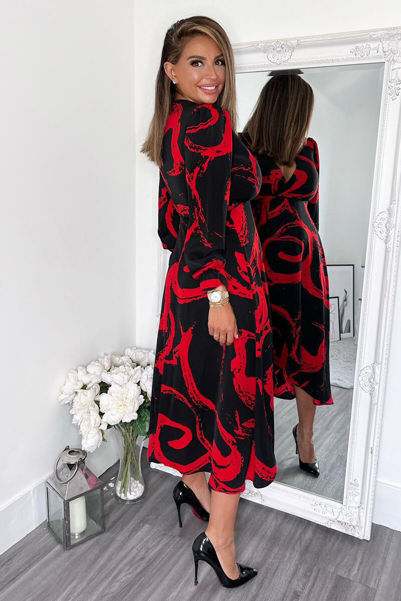 Black and Red Long Sleeve Wrap Midi Dress