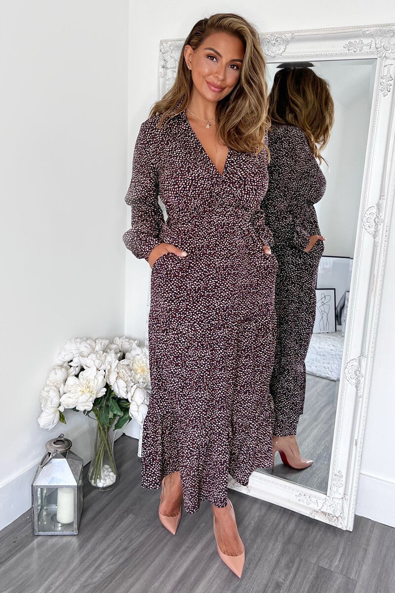 Multi Printed Long Sleeve Wrap Top Smock Midi Dress