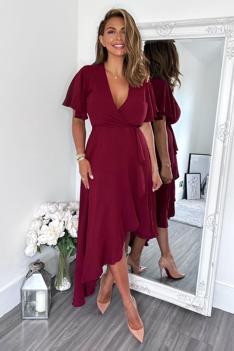 Plum Wrap Over Top Frill Hem Midi Dress