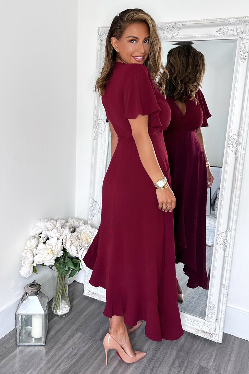 Plum Wrap Over Top Frill Hem Midi Dress