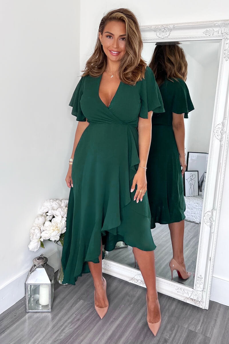 Teal Wrap Over Top Frill Hem Midi Dress