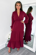 Wine Long Sleeve Wrap Top Smock Midi Dress