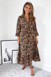 Brown Animal Print Tie Waist Midi Shirt Dress