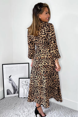Brown Animal Print Tie Waist Midi Shirt Dress