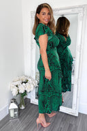 Green Printed Double Frill Split Midi Dress