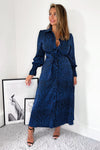 Blue Animal Print Long Sleeve Belted Shirt Dress