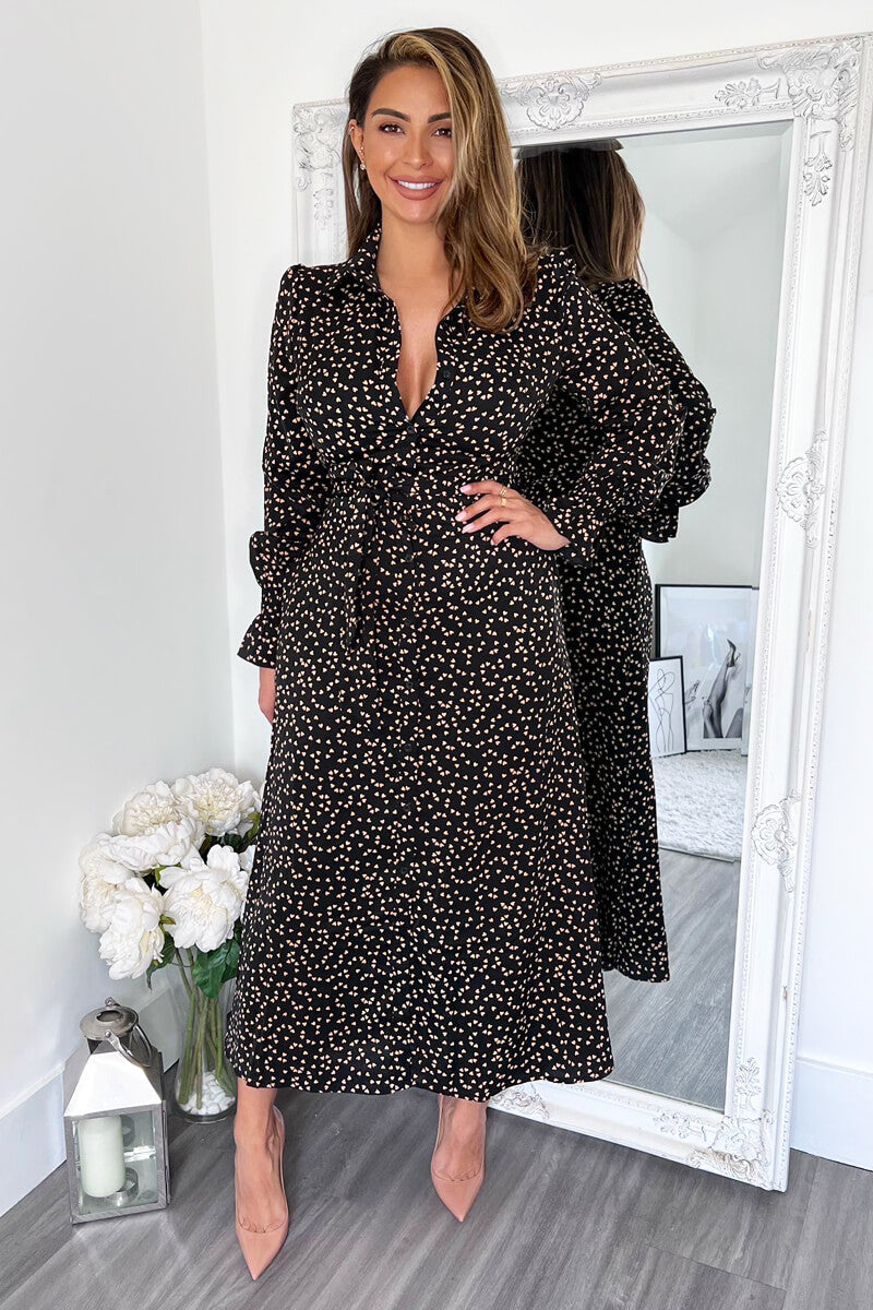 Black Heart Printed Tie Waist Midi Shirt Dress