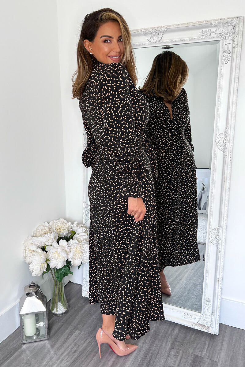 Black Heart Printed Tie Waist Midi Shirt Dress