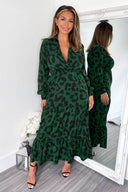 Green Leopard Print Long Sleeve Smock Midi Dress