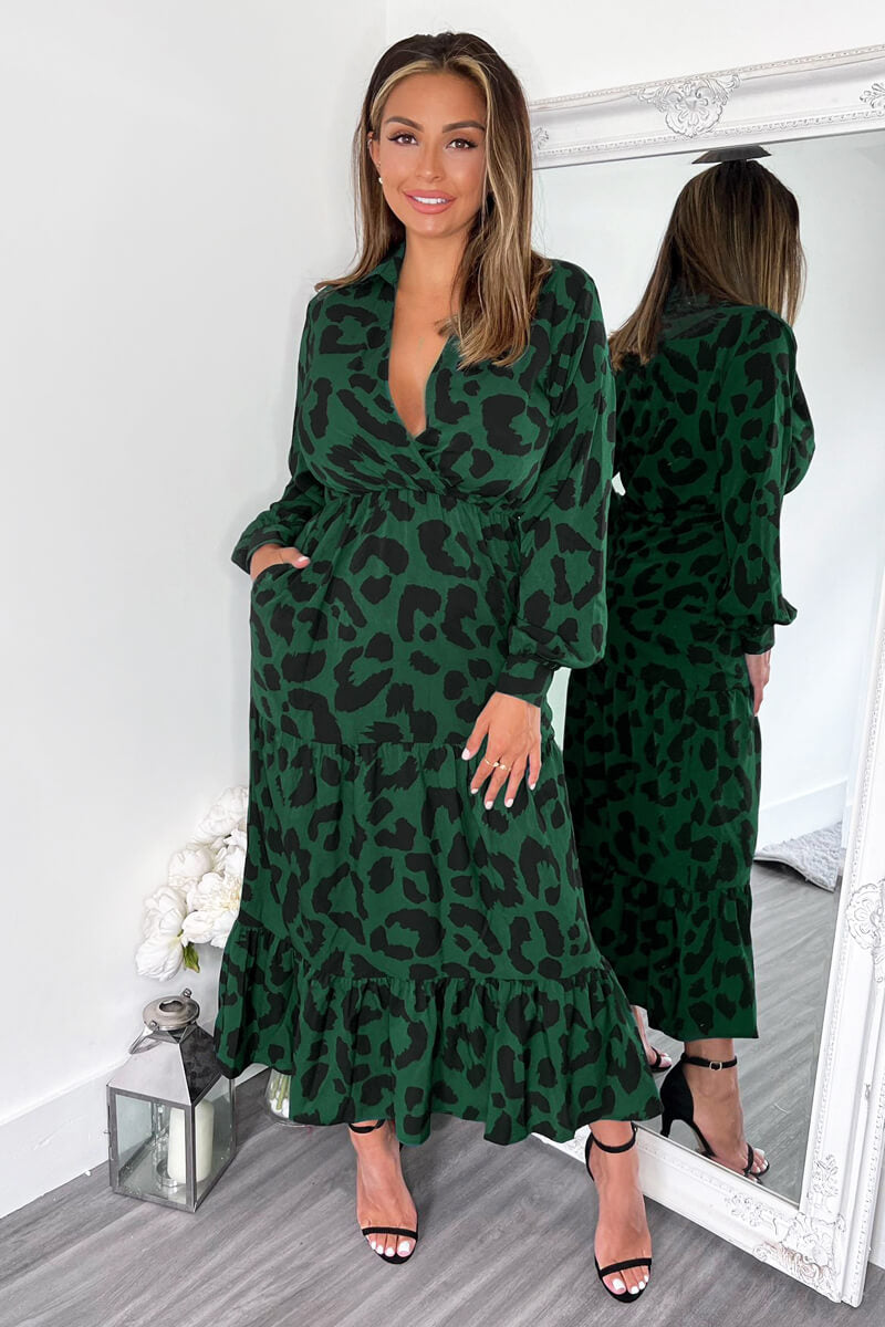 Green Leopard Print Long Sleeve Smock Midi Dress