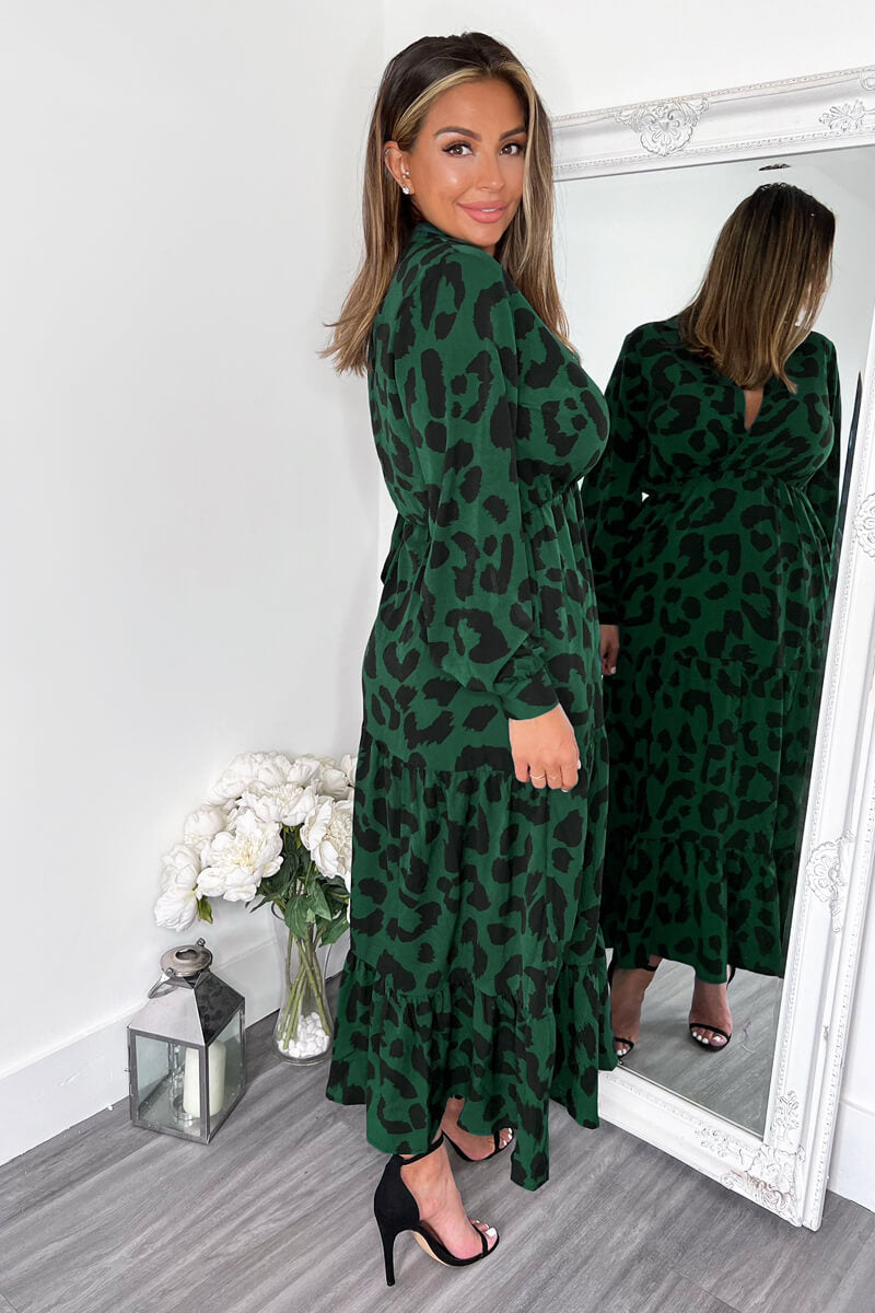 Green Leopard Print Long Sleeve Smock Midi Dress