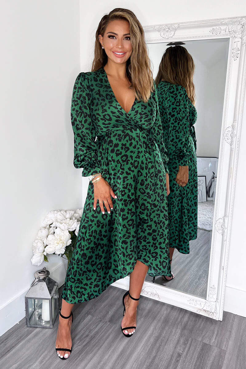 Green And Black Animal Printed Wrap Over Midi Dress