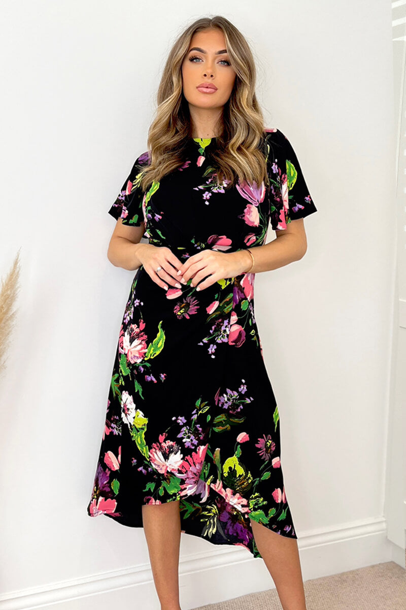 Black Floral Printed Short Sleeve Gathered Side Midi Dress