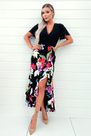 Multi Floral Printed 2 in 1 Short Sleeve Frill Hem Midi Dress