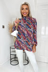 Multi Animal Print High Ruffle Neck Long Sleeve Blouse