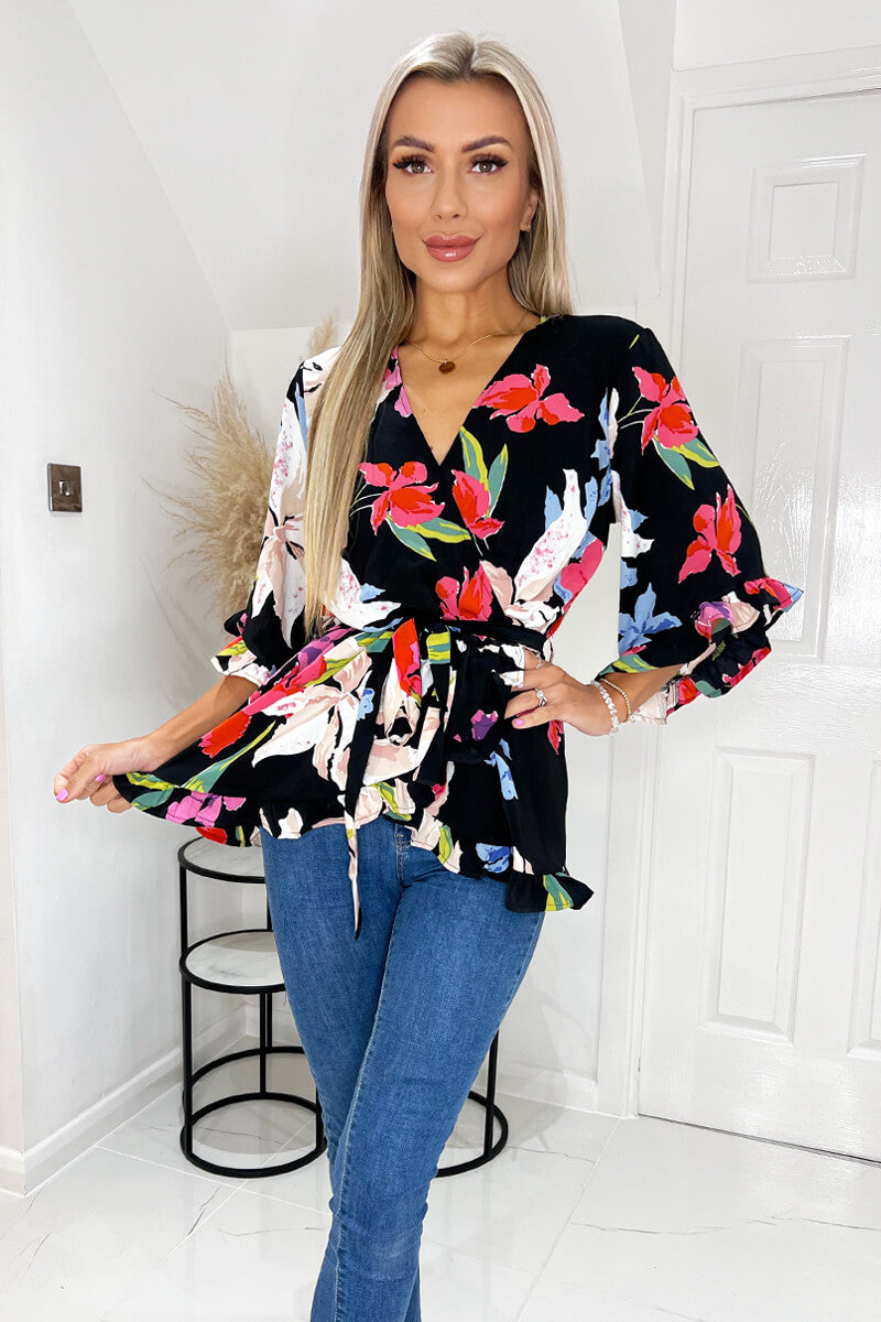 Multi Floral Printed Frill Hem Wrap Top