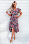 Multi Printed Wrap Over Frill Hem Short Sleeve Midi Dress